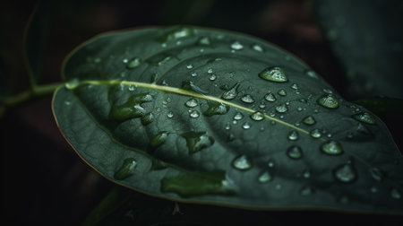 Water drops on green leaf after rain. Nature background and wallpaper.の素材
