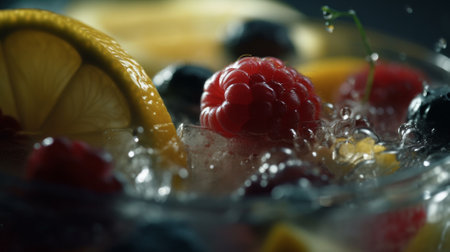 Close up of ice cubes with berries and lemon slices. Selective focus.の素材