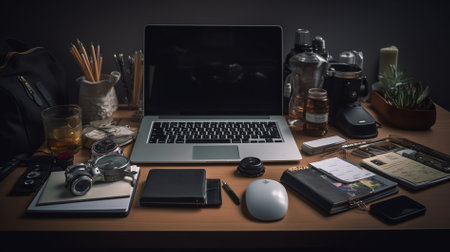 Still life photo of work space with laptop, smartphone and other stuff on wooden tableの素材
