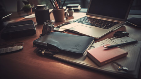 Close up view of a desk with laptop, smartphone, notebook and other itemsの素材