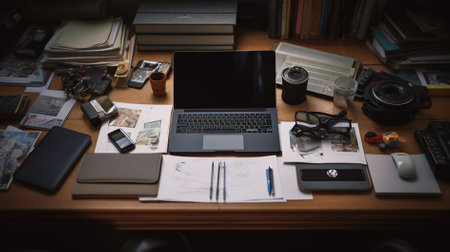 Working desk with laptop, smartphone, camera, supplies and other objectsの素材