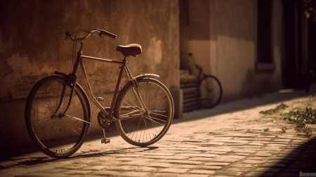 Vintage bicycle on the street of old town at sunset. Toned.の素材