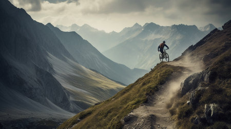 Cyclist riding a mountain bike on a trail in the mountainsの素材
