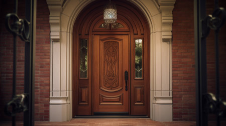 3D rendering of a classic entrance to a house with a wooden doorの素材