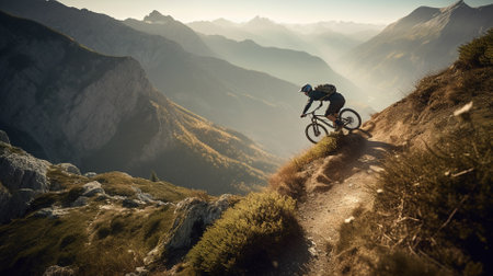 Mountain bike rider on a trail in the Dolomites mountainsの素材