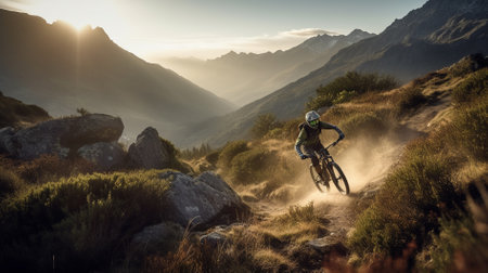 Cyclist Riding the Mountain Bike on the Rocky Trail. Extreme Sport Concept.の素材