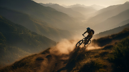 Cyclist Riding a Mountain Bike on a Rocky Trail. Extreme Sport Concept.の素材