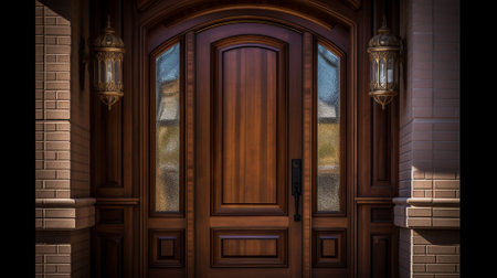 3d rendering of a classic wooden door with a lantern in the backgroundの素材