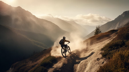 Mountain bike rider on the trail in the mountains. Sport and active life concept.の素材