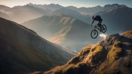 Cyclist riding a mountain bike in the mountains. Extreme sport.の素材