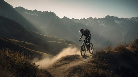Cyclist Riding on the Trail in the Mountains. Extreme Sport Concept.の素材
