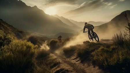 Mountain bike rider on a dirt road in high mountains at sunsetの素材