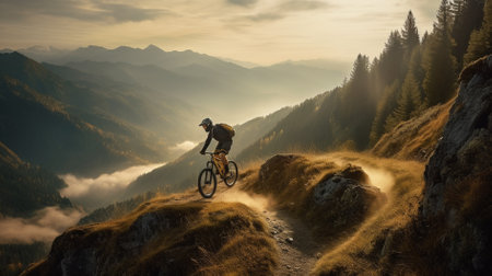 Cyclist riding on the trail in the mountains at sunrise.の素材