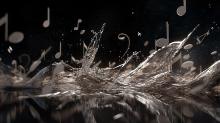 Musical notes falling into the water. 3d illustration, 3d renderの素材