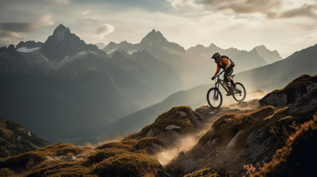 Mountain biker riding on the trail in the Dolomitesの素材