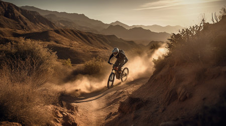 Mountain bike rider on the race in the desert. Extreme sport.の素材