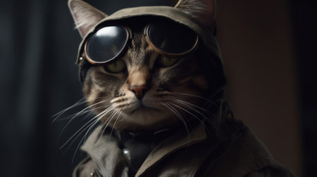 Portrait of a cat wearing a leather jacket, sunglasses and a capの素材