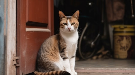Cat on the porch of the house in the village. Portrait of a cat.の素材