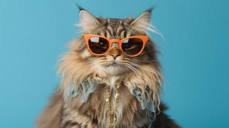 Portrait of maine coon cat wearing sunglasses on blue backgroundの素材