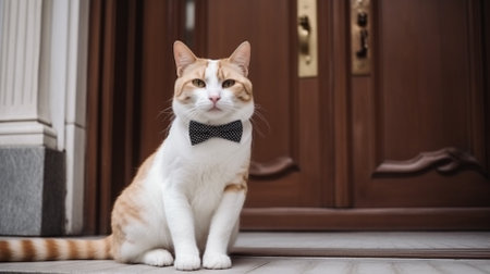 Portrait of a white cat with a bow tie sitting in front of the doorの素材