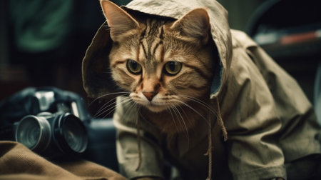 cat in a hood with a camera in his hands on a black backgroundの素材