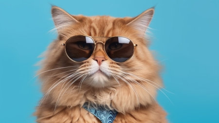Cute cat with sunglasses on a blue background. Copy space.の素材