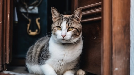 red cat with yellow eyes stands on the carpet and looks at the cameraの素材