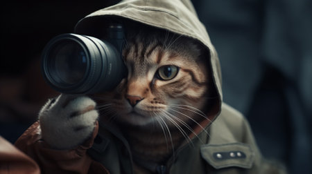 A cat in a hood with a camera in his hand. Close-up.の素材