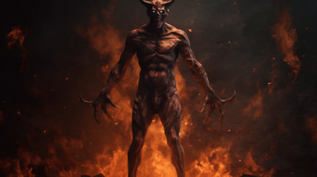 Fantasy alien with horns in the fire. 3d illustration.の素材