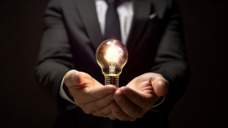 Businessman holding a glowing light bulb in his hand. Business idea conceptの素材