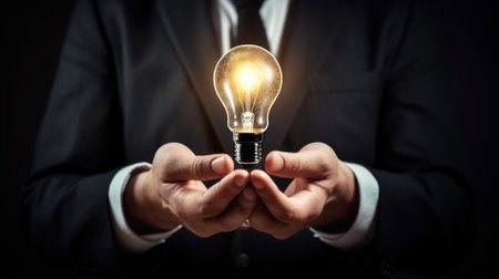 Close up of businessman holding light bulb in hands. Idea concept.の素材