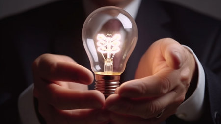 Businessman holding a lightbulb in his hand. Concept of idea and innovation.の素材