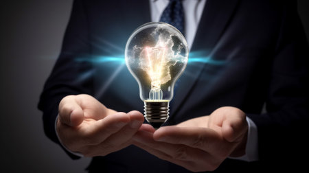 Businessman holding a glowing lightbulb in his hand as a concept of ideaの素材