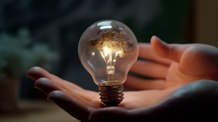 Light bulb in female hands. The concept of idea, innovation and creativity.の素材