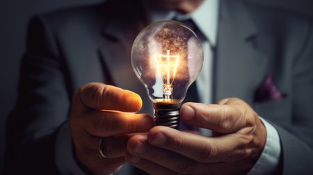 Businessman holding a glowing light bulb in his hand. Idea concept.の素材