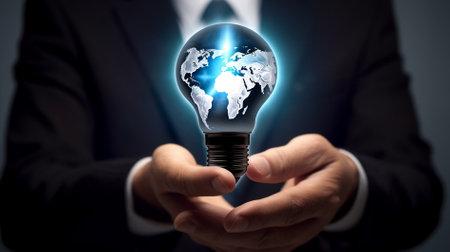Businessman holding light bulb with world map in his hand, energy conceptの素材