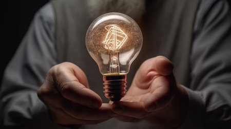 Close up of businessman holding lightbulb in hands. Idea conceptの素材