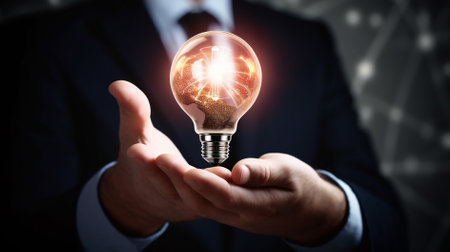Businessman holding a glowing light bulb in his hand. 3D renderingの素材