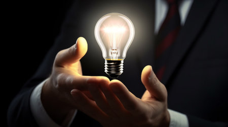 Businessman holding a glowing light bulb in his hand. Business and innovation concept.の素材