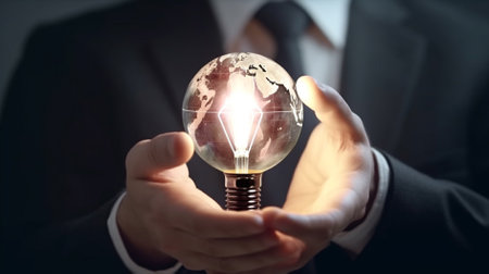 Glowing light bulb in hand of businessman on dark background 3D renderingの素材