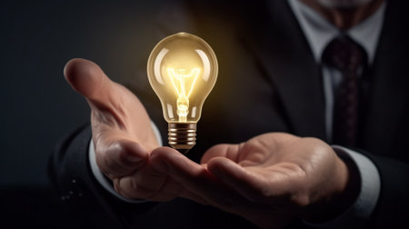 Businessman holding a glowing light bulb in his hand. Concept of idea.の素材