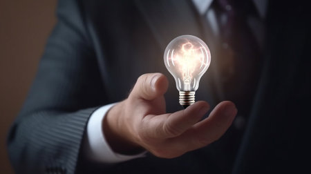 Businessman holding a glowing lightbulb in his hand 3D renderingの素材