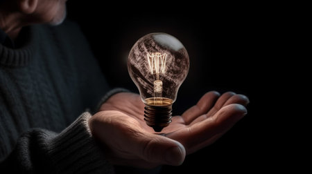 Man holding a glowing lightbulb in his hand, conceptual imageの素材