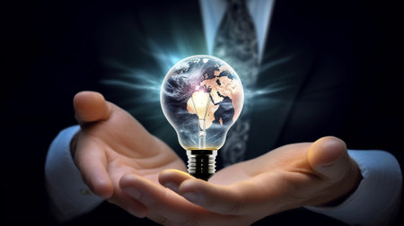 Close up of businessman holding light bulb with Earth planet in his handsの素材