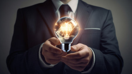 Businessman holding a glowing light bulb in his hands. Mixed mediaの素材