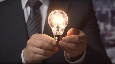 Businessman holding a glowing lightbulb in his hand. Business and innovation concept.の素材