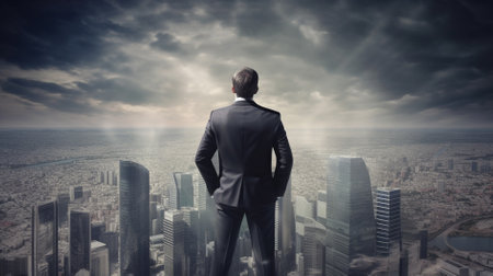 Businessman standing with back on top of a city and looking at the skyの素材