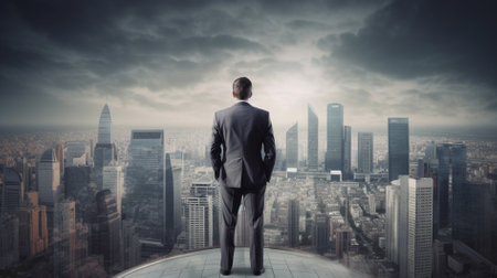 Rear view of a businessman standing on top of a building and looking at the cityの素材