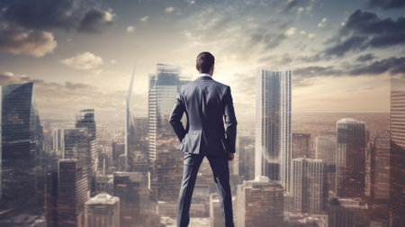 Businessman looking at the city from the top of a skyscraperの素材