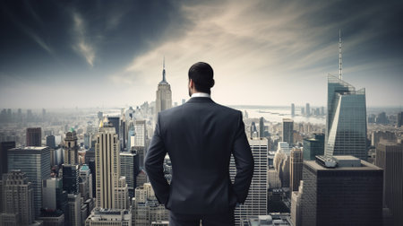 Businessman standing with back and looking at skyscrapers in New Yorkの素材